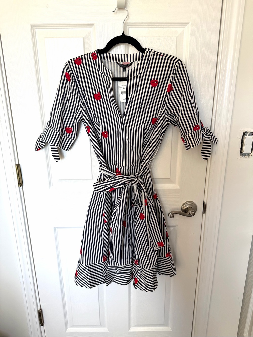 Felicity & Coco Navy-and-White Stripe Mini Dress with Red Apple Print